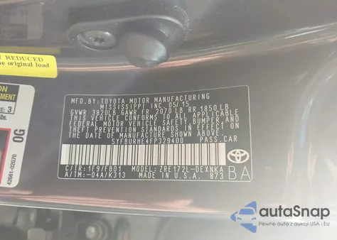 2015 Toyota Corolla Le z USA, uszkodzony, nr VIN 5YFBURHE4FP329400